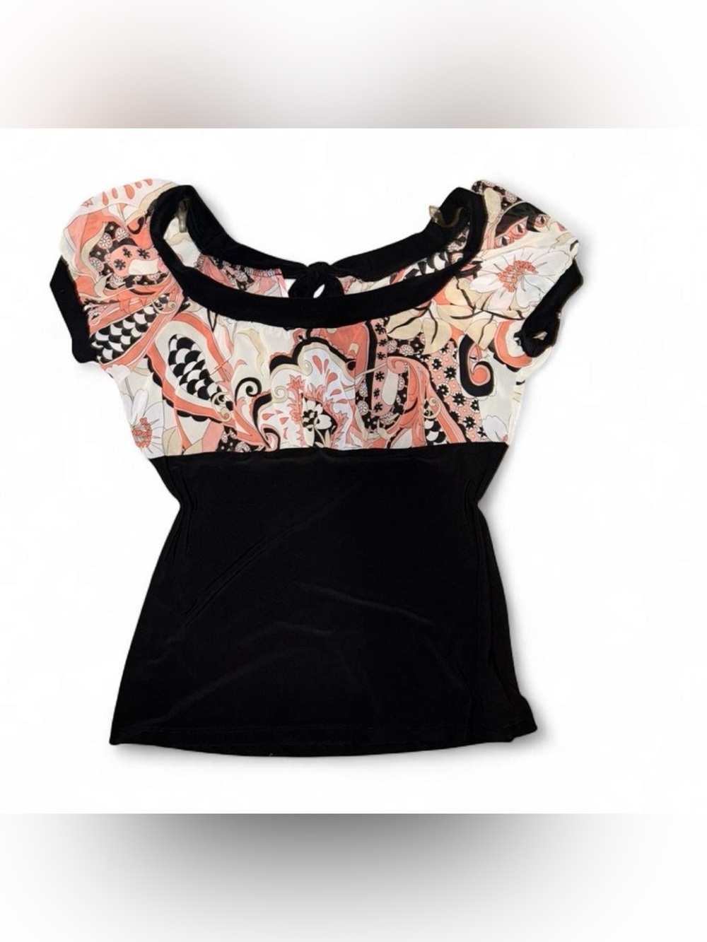 Women’s Y2K Black Top with Peach Floral Print